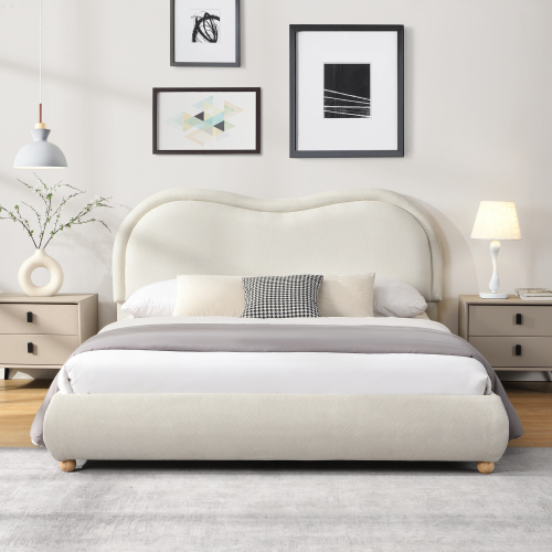 Queen Size Upholstered Platform Bed Frame with Rounded Corners Curved Headboard, Wooden Slats, Oak Solid Wood Legs, Chenille Fabric, No Box Spring Needed, Easy Assembly, Beige - Chenille,Plywood,Solid Wood - Box Spring Not Required - Not Specified