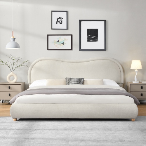 King Size Upholstered Platform Bed Frame with Rounded Corners curved headboard, Wooden Slats, Oak Solid Wood Legs, chenille fabric, No Box Spring Needed, Easy Assembly, Beige - Chenille,Plywood,Solid Wood - Box Spring Not Required - Not Specified