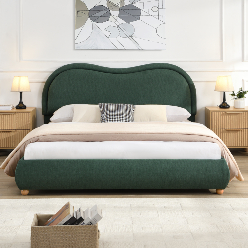 Queen Size Upholstered Platform Bed Frame with Rounded Corners Curved Headboard, Wooden Slats, Oak Solid Wood Legs, Chenille Fabric, No Box Spring Needed, Easy Assembly, Olive Green - Chenille,Plywood,Solid Wood - Box Spring Not Required