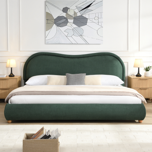 King Size Upholstered Platform Bed Frame with Rounded Corners curved headboard, Wooden Slats, Oak Solid Wood Legs, chenille fabric, No Box Spring Needed, Easy Assembly, Olive Green - Chenille,Plywood,Solid Wood - Box Spring Not Required
