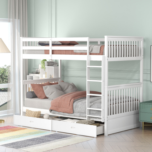 Twin-Over-Twin Bunk Bed with Ladders and Two Storage Drawers (White)(OLD SKU:LT000265AAK) - Solid Wood