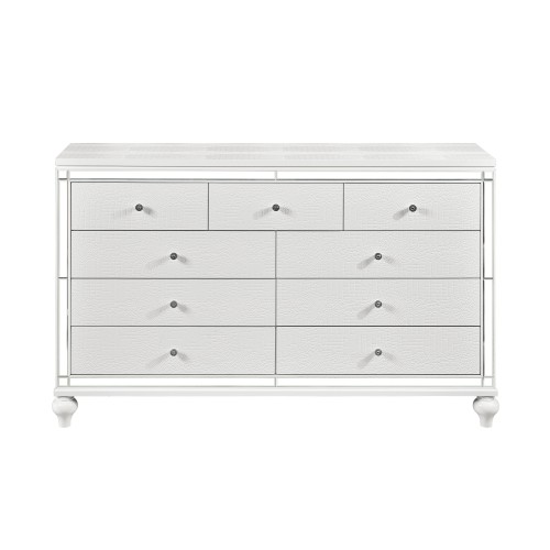 Glamorous Metallic White Finish Dresser of 9x Drawers Faux Crystal Knobs Modern Bedroom Furniture - Wood - Glam,Modern - Dining Room - Not Specified - Not Specified - Not Specified - Not Specified