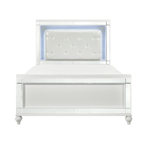 Metallic White Finish Queen Bed LED Headboard Button-Tufted Modern Glam Bedroom Furniture - Wood - Glam,Modern - Box Spring Required - Faux Leather - Wood