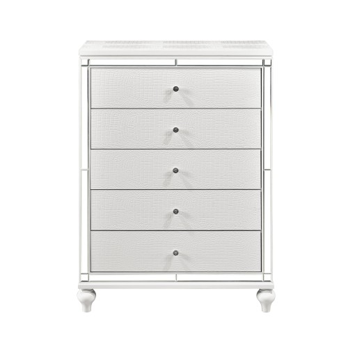 Modern Glamorous Bedroom Chest of 5x Drawers 1pc Metallic White Finish Alligator Textured Fronts Mirror Trim Wooden Furniture - Glam,Modern - Not Specified - Not Specified - Not Specified - Not Specified