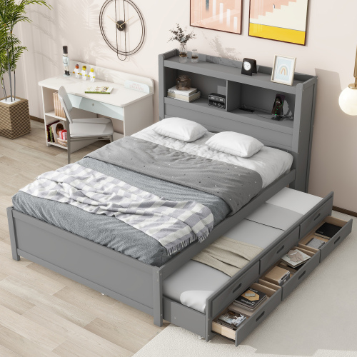 Full Size platform bed with trundle, drawers and USB plugs, Gray - Pine