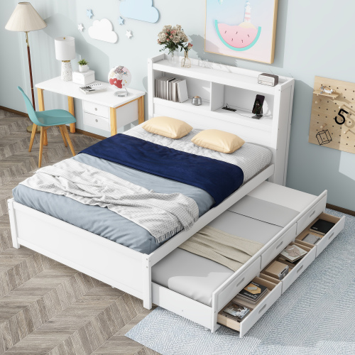 Full Size platform bed with trundle, drawers and USB plugs, White - Pine