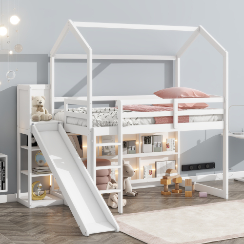 Twin Size Wood House Loft bed with Slide, Storage shelves and Light, White - Solid Wood+MDF - Bedroom - Box Spring Not Required