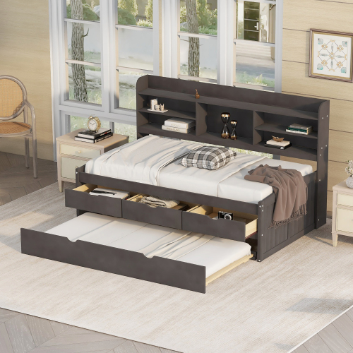 Twin Size Wooden Captain Bed with Built-in Bookshelves,Three Storage Drawers and Trundle, Antique Brown - Pine - Pine - Not Specified - Not Specified - Not Specified - Not Specified