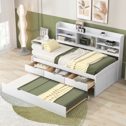 Twin Size Wooden Captain Bed with Built-in Bookshelves, Three Storage Drawers and Trundle, White Wash - White Washed - Pine - White Washed - Pine - Box Spring Not Required