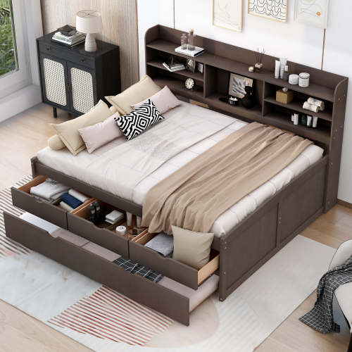 Full Size Wooden Captain Bed with Built-in Bookshelves, Three Storage Drawers and Trundle, Antique Brown - Solid Wood+MDF - Antique Gray - Solid Wood - Not Specified - Not Specified - Not Specified - Not Specified