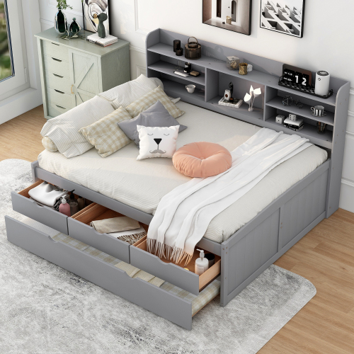 Full Size Wooden Captain Bed with Built-in Bookshelves, Three Storage Drawers and Trundle, Light Grey - Solid Wood+MDF - Solid Wood - Not Specified - Not Specified - Not Specified - Not Specified