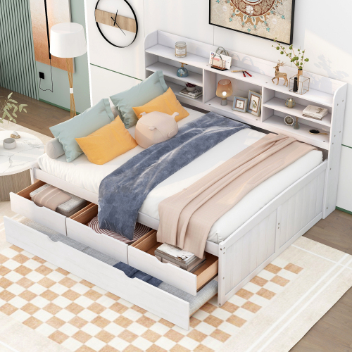 Full Size Wooden Captain Bed with Built-in Bookshelves,Three Storage Drawers and Trundle,White Wash - Solid Wood+MDF - Solid Wood - Not Specified - Not Specified - Not Specified - Not Specified