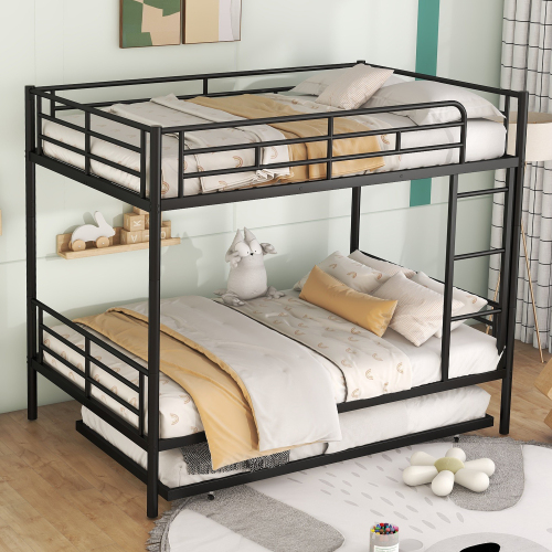Full Over Full Metal Bunk Bed with Trundle, Black - Iron - Not Specified - Not Specified