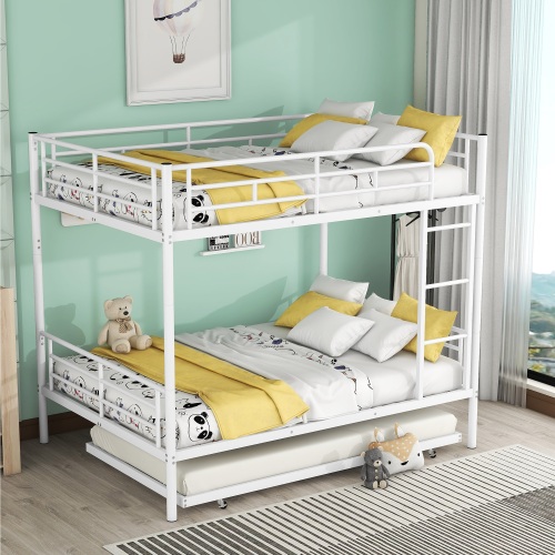 Full Over Full Metal Bunk Bed with Trundle, White - Iron - Not Specified - Not Specified