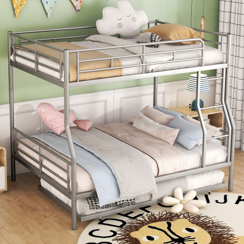 Full XL Over Queen Metal Bunk Bed with Trundle, Silver - Iron