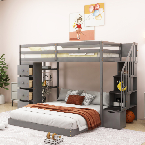 Twin Over Full Bunk Bed with 3-layer Shelves, Drawers and Storage Stairs, Gray - Solid Wood+MDF