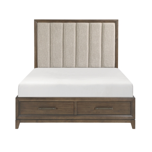Dark Walnut Finish 1pc Queen Platform Bed with Footboard Storage Chenille Fabric Upholstered Headboard Classic Look Furniture - Wood - Not Specified - Not Specified - Bedroom - Box Spring Not Required - Wood
