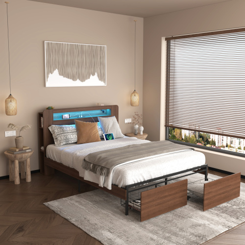 Wooden Bed Frame Queen Size Farmhouse Platform Bed Frame with Bookcase Shelf & 2 Storage Drawers, Storage LED Light Headboard , Noise Free,No Box Spring Needed and Easy Assembly,Brown - MDF+Metal - Metal - MDF