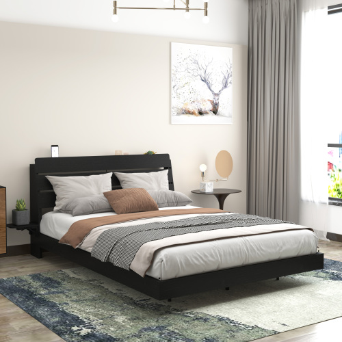 Floating Bed Frame Queen with Led Lights and Charging Station, Wood Queen Size Bed Frame with Storage Headboard, No Box Spring Needed, Easy Assembly,Black. - MDF+Metal - Metal - MDF