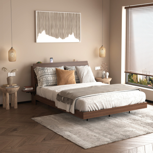 Floating Bed Frame Queen with Led Lights and Charging Station, Wood Queen Size Bed Frame with Storage Headboard,  No Box Spring Needed, Easy Assembly,Walnut - MDF+Metal - Metal - MDF