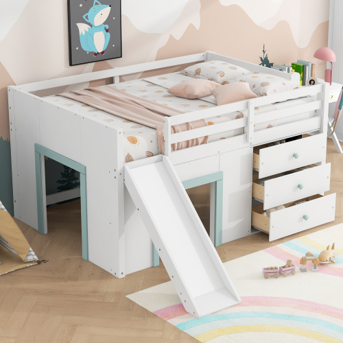 Full Size Low Loft Bed with Slide, Three Storage Drawers and Two Doors, White - Solid Wood+MDF - Solid Wood