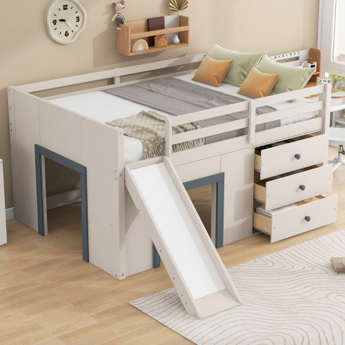 Full Size Low Loft Bed with Slide, Three Storage Drawers and Two Doors, Beige+Grey - Solid Wood+MDF