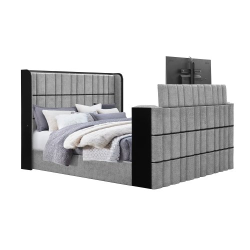 Isaiah Grey Queen Bed with 50" TV Lift-LED, Speakers and Fireplace - Solid Wood+MDF,Upholstered - Solid Wood+MDF - Contemporary - Bedroom - Rubberwood - Upholstered - Solid Wood - Not Specified - Not Specified - Not Specified - Bed Frame - Box Spring Required - Polyester - Not Specified - Not Specified - Not Specified