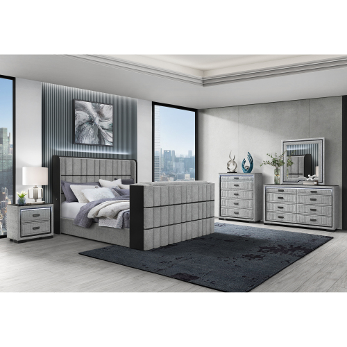 Isaiah Grey Queen 5PC Bedroom Set with 50" TV Lift-LED, Speakers and Fireplace - Solid Wood+MDF,Upholstered - Solid Wood+MDF - Contemporary - Rubberwood - Rubber Wood - Not Specified - Not Specified - Not Specified - King - Not Specified - Box Spring Required - Polyester - Bed Included,Chest Included,Dresser Included,Mirror Included,Nightstand Included - 5 Piece Set - Built-in Lighting