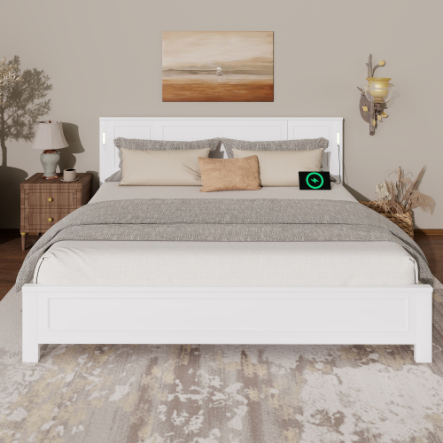 King Size Bed with Tall-Panel Headboard & Footboard, Built-in LED Lights, USB Charging Station, Pinewood Bed with Strengthened Bed Frame ,White