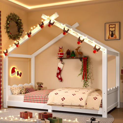 Twin House Floor Bed with Support Slats, Solid Wood House Bed Frame for Kids, No Box Spring Needed and Opening Constructure, White - Light White - MDF,Pine,Plywood - Light White - MDF