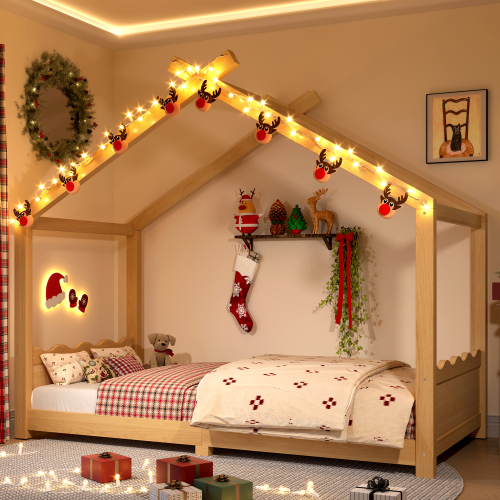 Twin House Floor Bed with Support Slats, Solid Wood House Bed Frame for Kids, No Box Spring Needed and Opening Constructure, Natural - MDF,Pine,Plywood - MDF