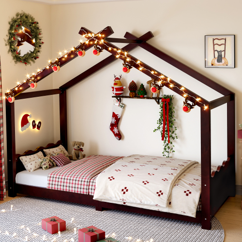 Twin House Floor Bed with Support Slats, Solid Wood House Bed Frame for Kids, No Box Spring Needed and Opening Constructure, Espresso - MDF,Pine,Plywood - Not Specified