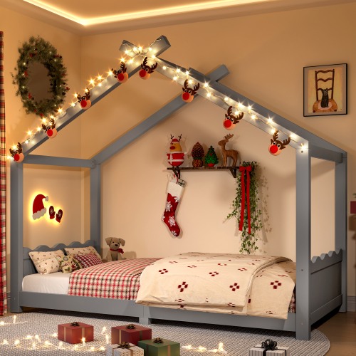 Twin House Floor Bed with Support Slats, Solid Wood House Bed Frame for Kids, No Box Spring Needed and Opening Constructure, Gray - MDF,Pine,Plywood - MDF