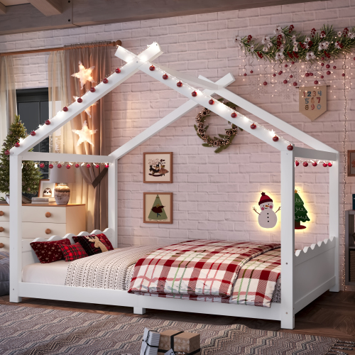 Full House Floor Bed with Support Slats, Solid Wood House Bed Frame for Kids, No Box Spring Needed and Opening Constructure, White - Light White - MDF,Pine,Plywood - Light White - MDF