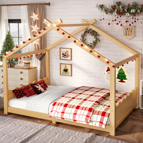 Full House Floor Bed with Support Slats, Solid Wood House Bed Frame for Kids, No Box Spring Needed and Opening Constructure, Natural - MDF,Pine,Plywood - MDF