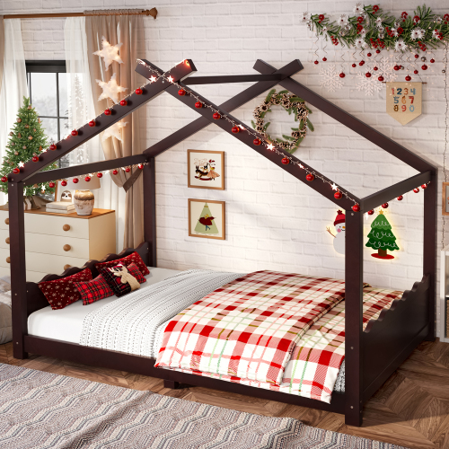 Full House Floor Bed with Support Slats, Solid Wood House Bed Frame for Kids, No Box Spring Needed and Opening Constructure, Espresso - MDF,Pine,Plywood - Not Specified