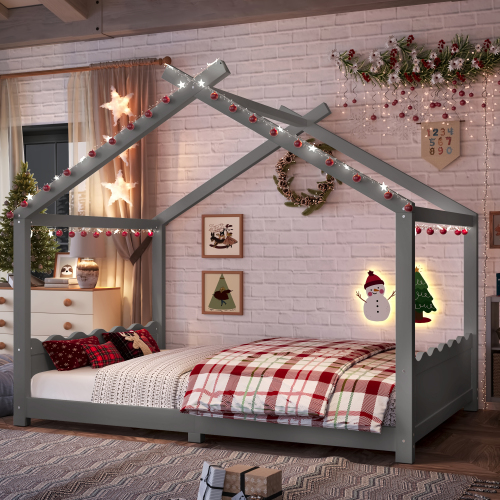Full House Floor Bed with Support Slats, Solid Wood House Bed Frame for Kids, No Box Spring Needed and Opening Constructure, Gray - MDF,Pine,Plywood - MDF