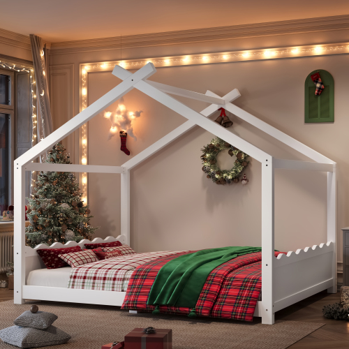 Queen House Floor Bed with Support Slats, Solid Wood House Bed Frame for Kids, No Box Spring Needed and Opening Constructure, White - Light White - MDF,Pine,Plywood - Light White - MDF