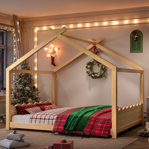 Queen House Floor Bed with Support Slats, Solid Wood House Bed Frame for Kids, No Box Spring Needed and Opening Constructure, Natural - MDF,Pine,Plywood - MDF