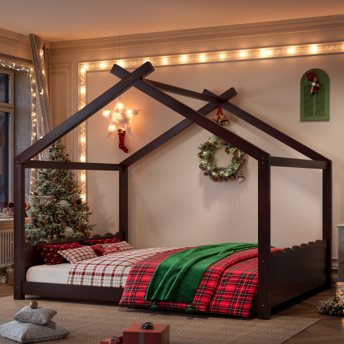 Queen House Floor Bed with Support Slats, Solid Wood House Bed Frame for Kids, No Box Spring Needed and Opening Constructure, Espresso - MDF,Pine,Plywood - Not Specified