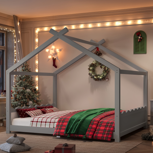 Queen House Floor Bed with Support Slats, Solid Wood House Bed Frame for Kids, No Box Spring Needed and Opening Constructure, Gray - MDF,Pine,Plywood - MDF
