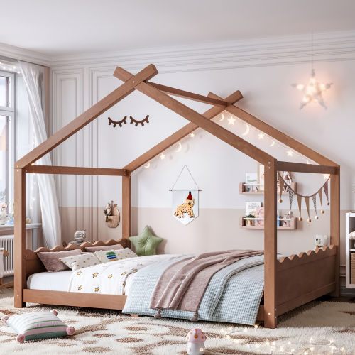 Queen House Floor Bed with Support Slats, Solid Wood House Bed Frame for Kids, No Box Spring Needed and Opening Constructure, Deep Natural - MDF,Pine,Plywood - MDF