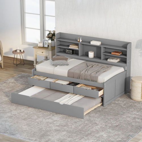 Twin Size Wooden Captain Bed with Built-in Bookshelves,Three Storage Drawers and Trundle, Light Grey - Pine - Pine - Not Specified - Not Specified - Not Specified - Not Specified