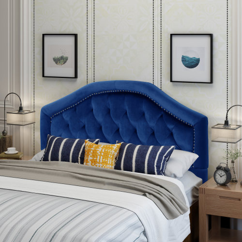 Tufted Upholstered Headboard Queen Size, Solid Wood Head Board with Durable Metal Legs, Adjustable Height Queen headboard with Nailhead Trim in Bedroom - Navy Blue - Velvet - Navy Blue - Velvet