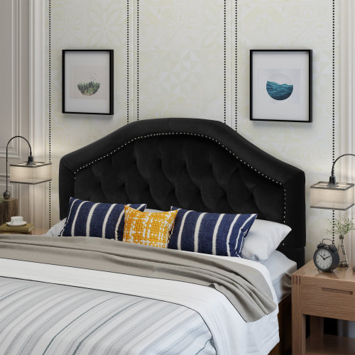 Tufted Upholstered Headboard Queen Size, Solid Wood Head Board with Durable Metal Legs, Adjustable Height Queen headboard with Nailhead Trim in Bedroom - Black - Velvet - Black - Velvet
