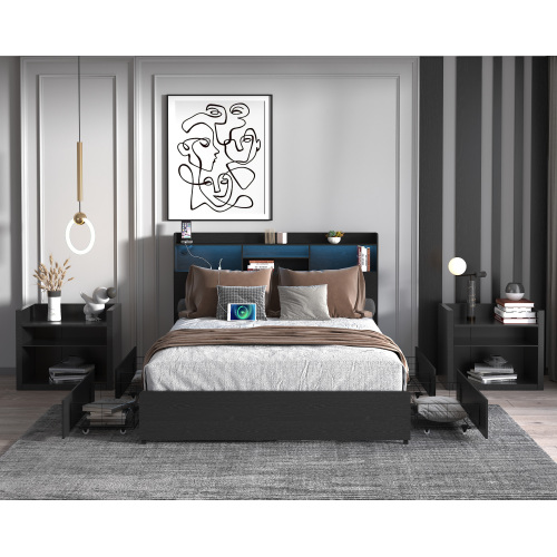 Queen Bed Frame with 4 Storage Drawers Queen Bed Frame with Headboard and Storage Shelf, Storage Bed with Led and Charging Station, No Noise,No Box Springs Needed,Black - MDF+Metal - Metal - MDF