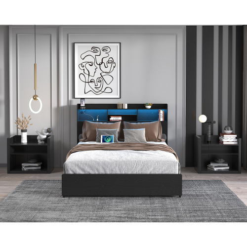 Full Bed Frame with 4 Storage Drawers Full Bed Frame with Headboard and Storage Shelf, Storage Bed with Led and Charging Station, No Noise,No Box Springs Needed,Black - MDF+Metal - Metal - MDF