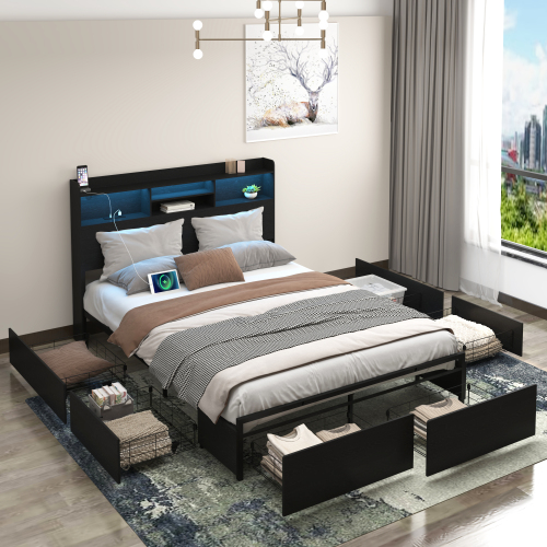 Full Bed Frame with 6 Storage Drawers Full Bed Frame with Headboard and Storage Shelf, Storage Bed with Led and Charging Station, No Noise,No Box Springs Needed,Black - MDF+Metal - Metal - MDF