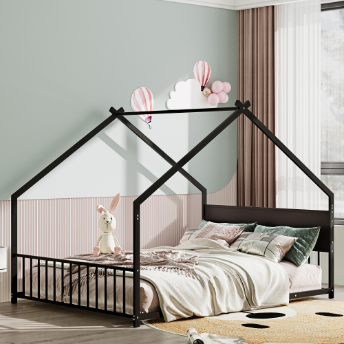 Full Size House Bed with Roof and Colorful Lights, Metal Bed Frame with Slats and Legs, House Bed for Boy, Girls and Young Teens, No Box Spring Needed,Black. - MDF+Iron