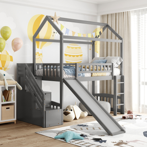 Twin Loft Bed with Two Drawers and Slide, House Bed with Slide, Gray (Old SKU: LT000130AAE) - Solid Wood